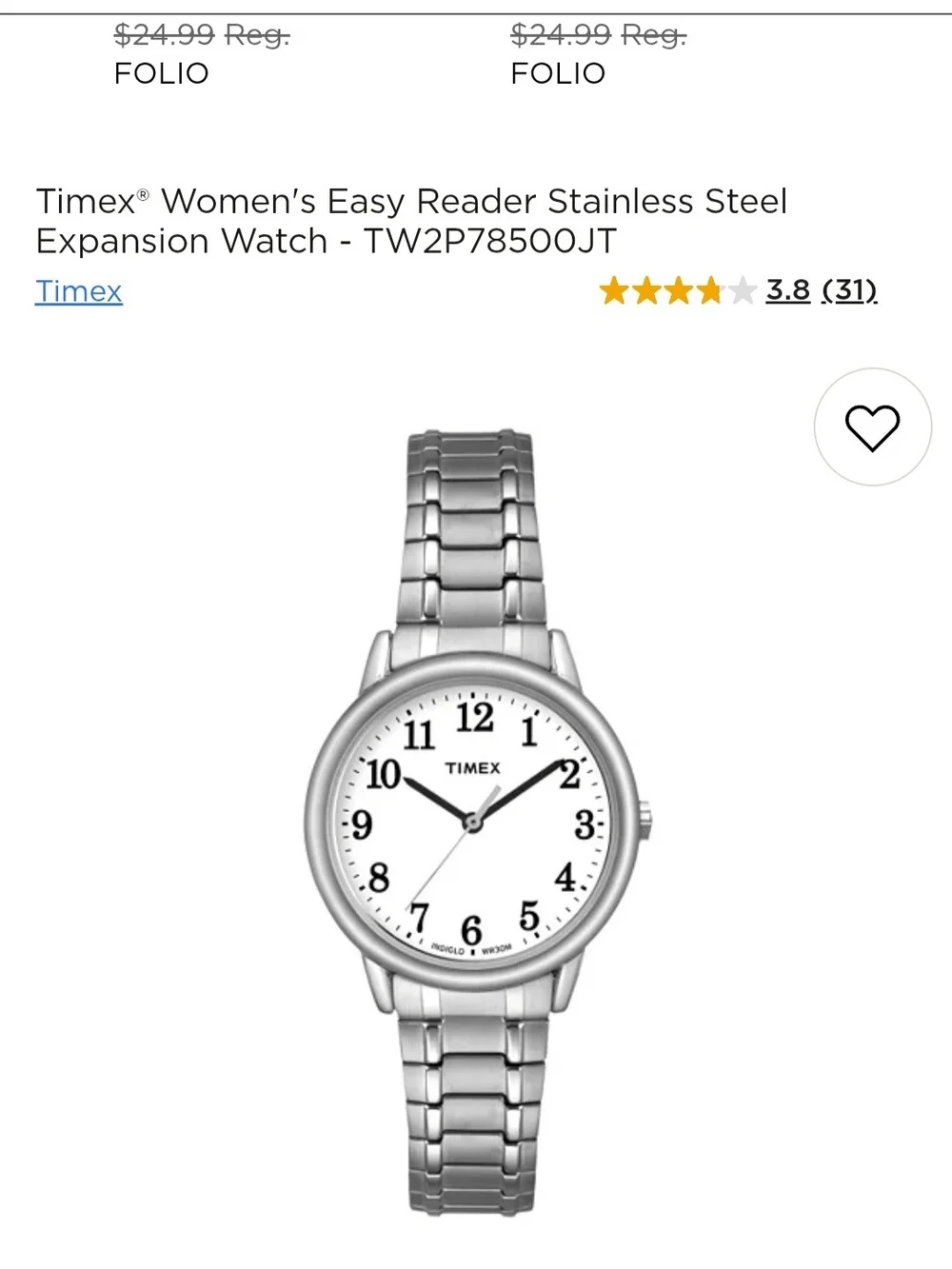 Timex Easy Read Silver Stainless Steel Watch with White Dial